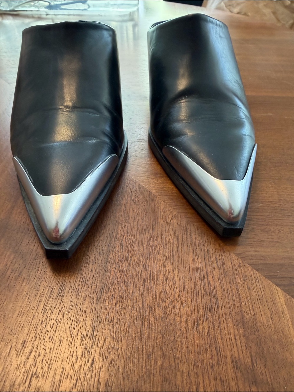 Zara Black Leather Cowboy Inspired Heeled Mules With Silver Tone Metal Toe - Picture 3 of 4